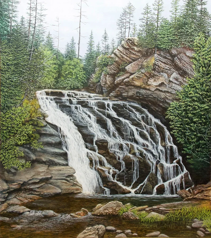 A Walk Rewarded. A painting by C.F. Lawrenson - of a waterfall