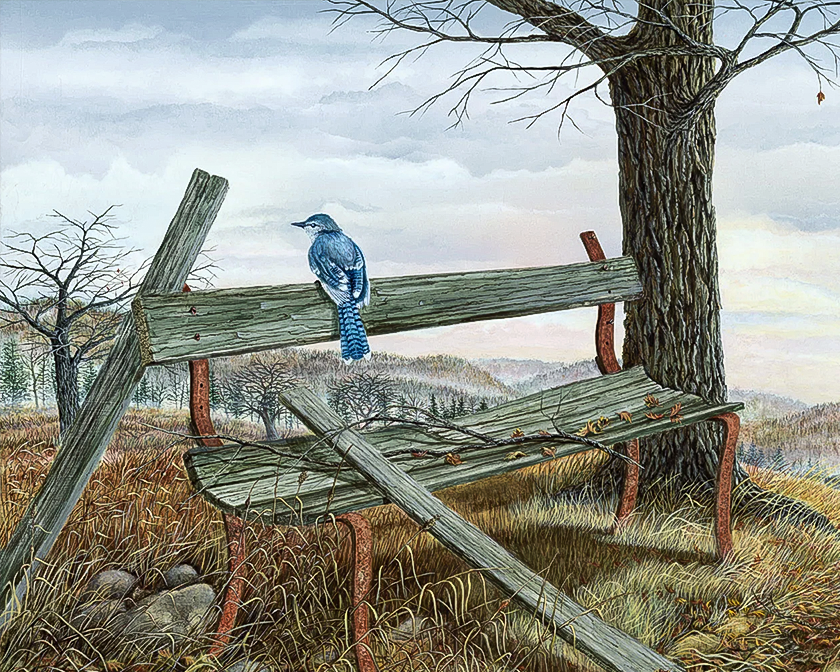 Painting of a bluebird ona bench entitled: All But Forgotten