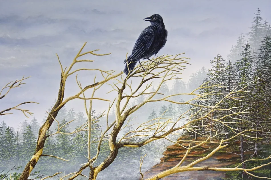 Painting of an American crow entitled: Ode to Oscar by C.F. Lawrenson