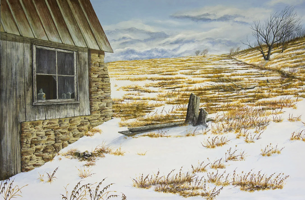 Painting of an old barn entitled: Outback by C.F. Lawrenson